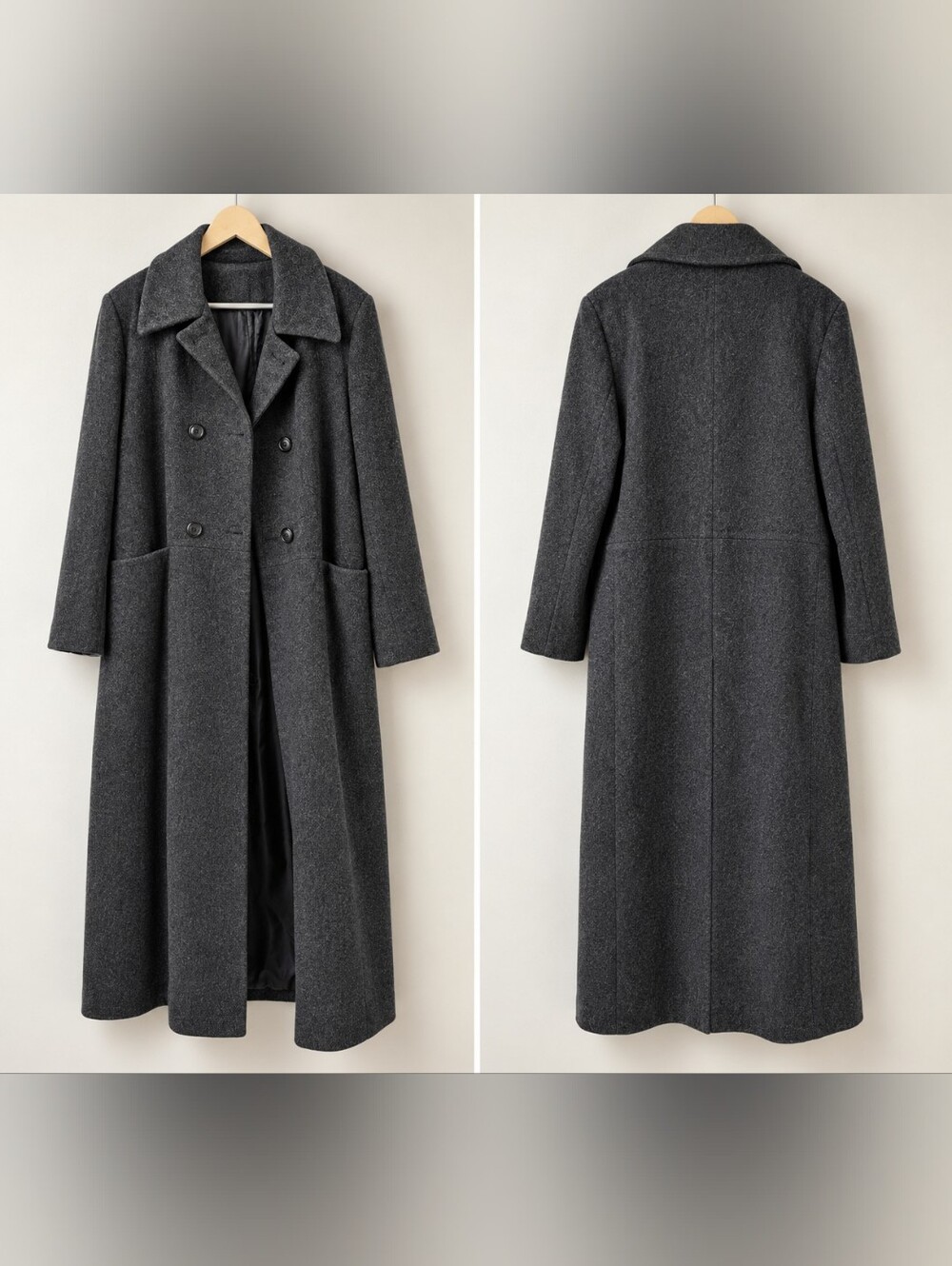 Women's Long Double-Breasted Wool-Blend Coat - Dark Gray